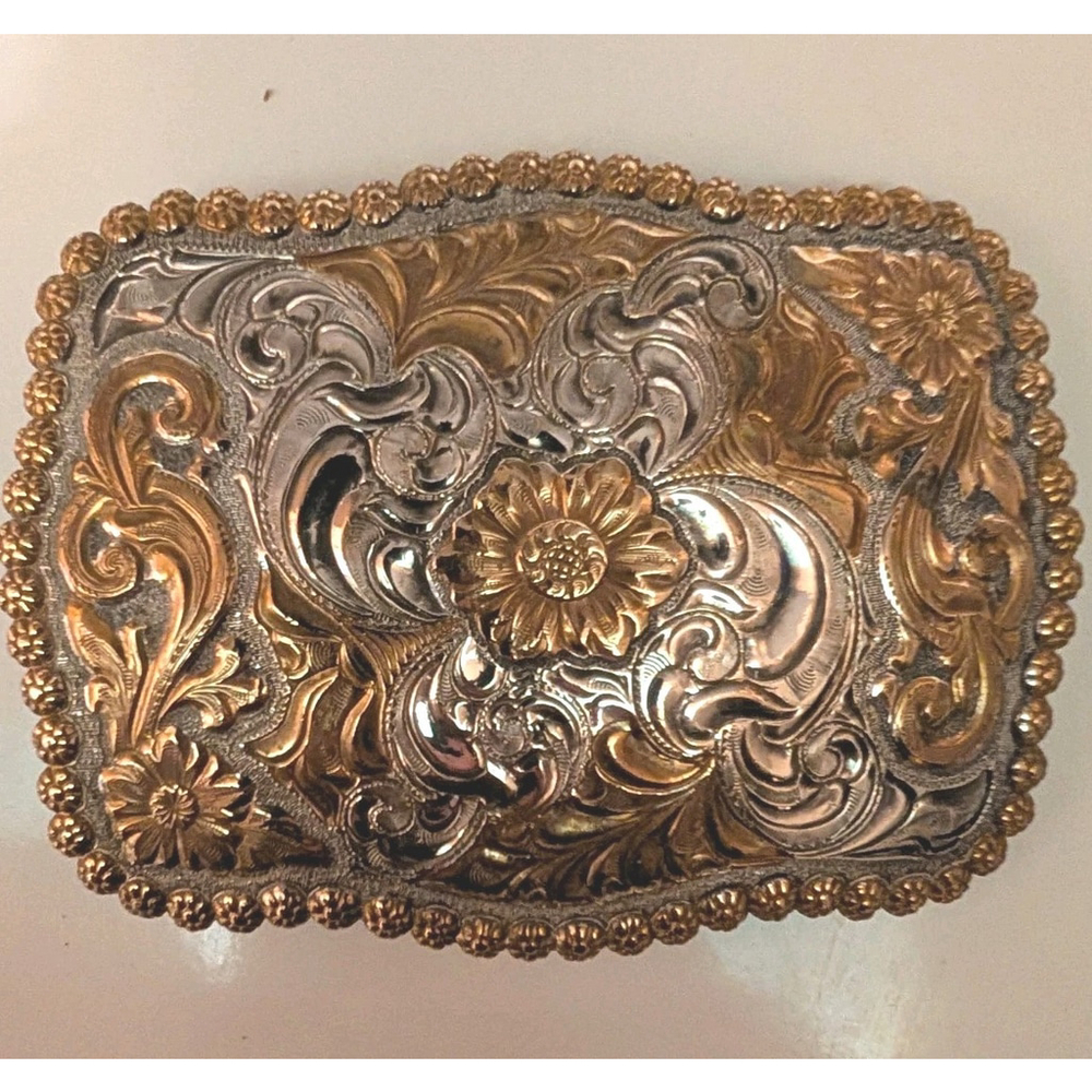 Vintage 90's Crumrine Belt Buckle Heavy Silverplate & Bronze Sunflower Made USA